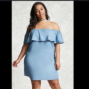 Forever 21 Ruffle off the shoulder light blue denim dress size 2X